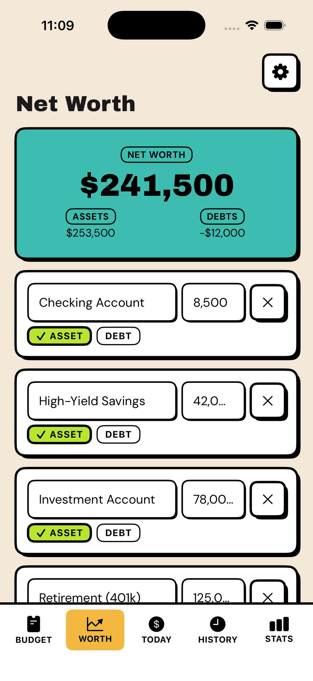 Depo Net Worth screen showing assets and debts